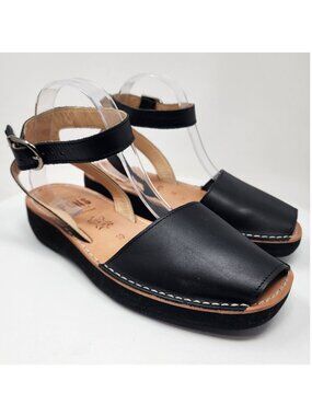 PONS Mediterranean Avarca Sandals Black Leather Adjustable Ankle Strap 524